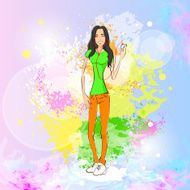 Woman Listen To Music Hold Player Casual Over Colorful