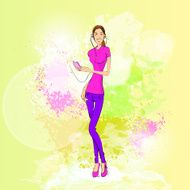 Woman Listen To Music Hold Player Casual Over Colorful N2