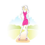 Fashion Woman Sketch Pink Dress Outdoor Vector N2