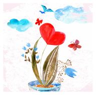 the composition of watercolor hearts flowers and butterfly N2