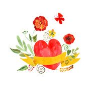 the composition of watercolor hearts flowers and ribbons