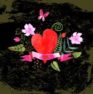 the composition of watercolor hearts flowers and ribbons N4