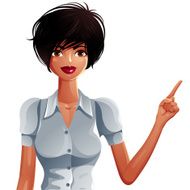 Beautiful tanned businesswoman pointing at some empty copy space