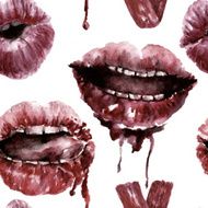 Seamless pattern with red lips Watercolor illustration