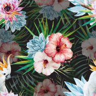 Watercolor pattern with parrot and flowers