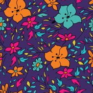 Vector seamless hand-drawn pattern with flowers and leaves