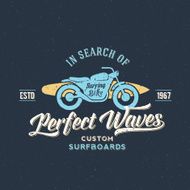 Perfect Waves Bike with Surfboard Abstract Retro Vector Label or