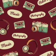 Seamless pattern in retro style Camera audio cassette headphones N2