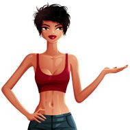 Beautiful tanned woman showing some empty copy space