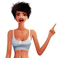 Beautiful tanned woman pointing at some empty copy space