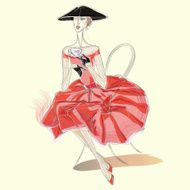 Fashion girl in red dress drink cup of tea N2