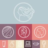 Vector woman&#039;s faces on circle emblems