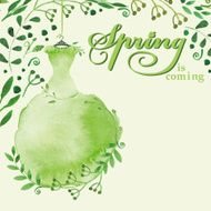 Watercolor Spring background Green Dress branches text