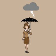Woman holding black umbrella in strom
