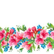 Seamless Watercolor Border with Tropical Flowers