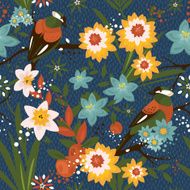 Vintage seamless floral pattern with birds