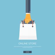 Vector illustration Flat background with hand and shopping bag Internet