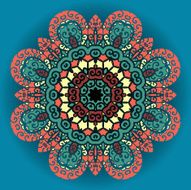 Green and red mandala ornament over azure background