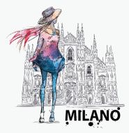 fashion sketch Girl on a Milano Duomo background N2
