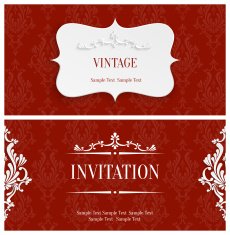 Vector Red 3d Vintage Invitation Card with Floral Damask Pattern