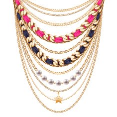 Many chains golden metallic necklace N3