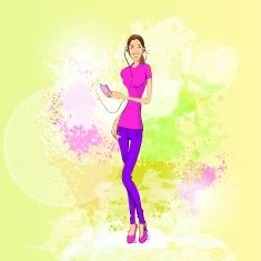 Woman Listen To Music Hold Player Casual Over Colorful N2