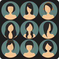 Flat women's glamor hairstyles blue icon set