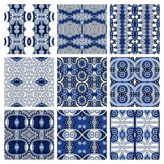 set of blue different seamless colored vintage geometric pattern