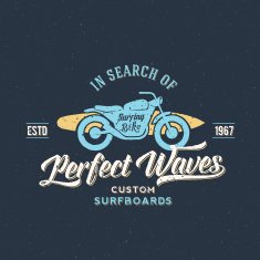 Perfect Waves Bike with Surfboard Abstract Retro Vector Label or