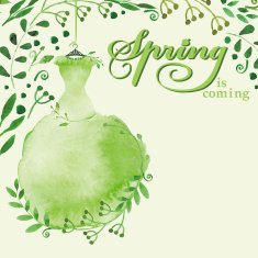 Watercolor Spring background Green Dress branches text