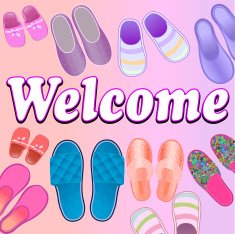 background with slippers cozy and soft text welcome