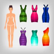 Vector dress-up doll with an assortment of bandage dresses