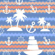 Marine background Palms anchor steering wheel wave background seamless pattern