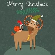 Merry Christmas card with cute goat and snail in vector