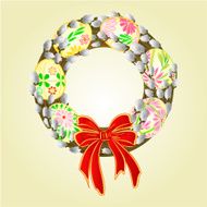 Easter wreath with pussy willow and easter eggs vector