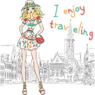 Vector beautiful fashion girl in dress and hat
