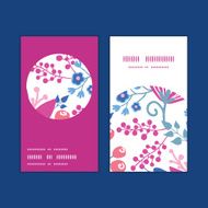 Vector pink flowers vertical round frame pattern business cards set N2