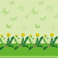 Yellow dandelions and green butterflies