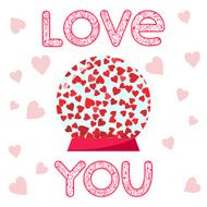 hearts in glass ball and hand-drawing love word