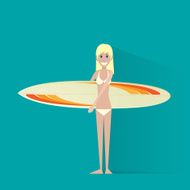 surfer woman with surfing board flat icon vector