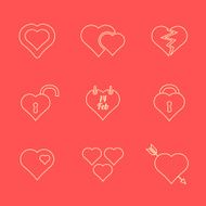 various red color outline heart icons set