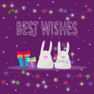 rabbits hand-drawing best wishes and lights for winter holidays card N2