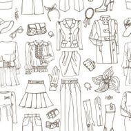Outline Sketch Females clothing accessories seamless pattern