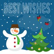 Funny winter holidays card with snowman fir and snowflakes