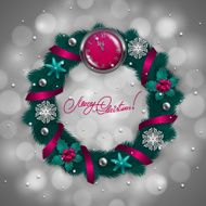 New Year&#039;s background - a wreath of fir branches balls