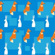 abstract geometric seamless pattern with funny fox and rabbit