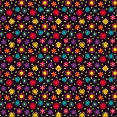 Seamless pattern with different colorful flowers and green leave