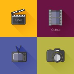 Set of concept icons for media industry (camera TV clapboard