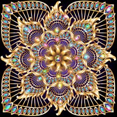 gold background with a circular ornament and precious stones