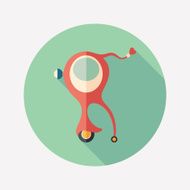 Red funny retro car flat round icon with long shadows